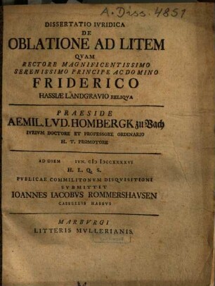 Dissertatio Iuridica De Oblatione Ad Litem