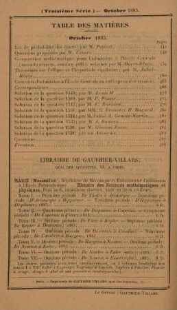 Table des matières. Octobre 1885.