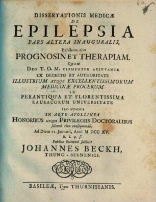 Dissertationis med. de epilepsia, Pars altera. Exhibens eius prognosin et therapiam