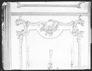 Potsdam, Neues Palais, Wohnung Friedrich II., Konzertzimmer, R.: 211, Westwand, Feld zwischen mittlerem und rechtem Spiegel.