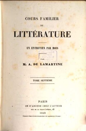 Cours familier de littérature : un entretien par mois, Tome septième
