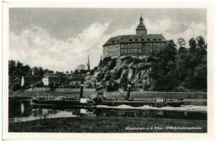 Hirschstein. Schloss, Elbe mit Schlepper