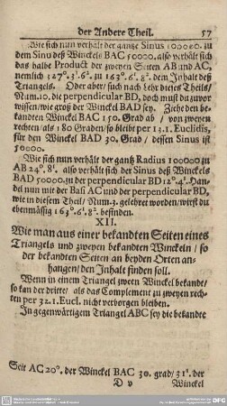 XII. Wie man aus einer bekandten SEiten eines Triangels und zweyen bekandten Winckeln/so der bekandten Seiten an beyden Orten anhangen/den Inhalt finden soll.
