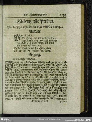 Siebentzigste Predigt. Von der schädlichen Einbildung der Vollkommenheit