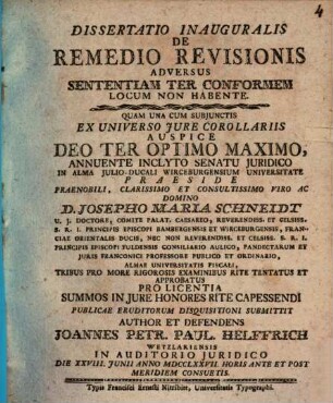 Dissertatio inauguralis de remedio revisionis adversus sententiam ter conformen locum non habente