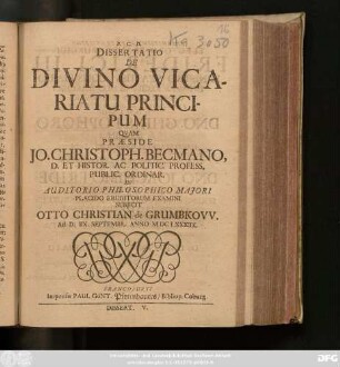 Dissertatio De Divino Vicariatu Principum