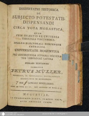 Dissertatio Historica De Subjecto Potestatis Dispendandi Circa Vota Monastica