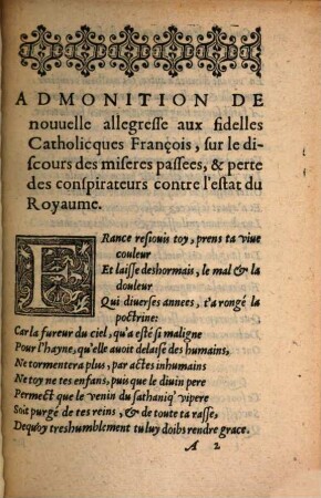 Novvelle Allegresse Avx fidelles Catholiques François, Sur le discours des miseres passees, & perte des conspirateurs contre l'estat du Royaume