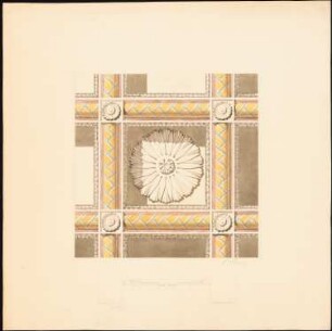Dekorationsstudien: Detail einer kassettierten Decke; auf dem Träger unten zugehöriger Schnitt