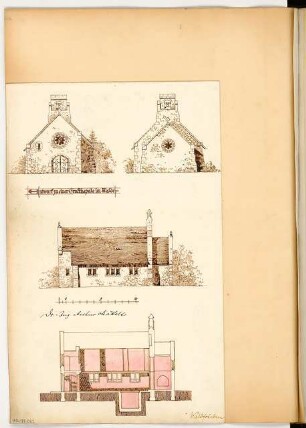 Gruftkapelle im Walde Monatskonkurrenz Dezember 1906: Aufriss Vorderansicht, Rückansicht, Seitenansicht, Längsschnitt; Maßstabsleiste