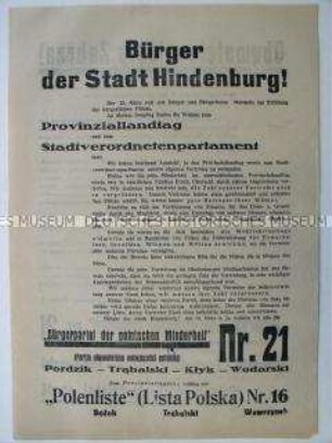 Wahlaufruf der Bürgerpartei der polnischen Minderheit in deutscher und polnischer Sprache zu den Kommunalwahlen