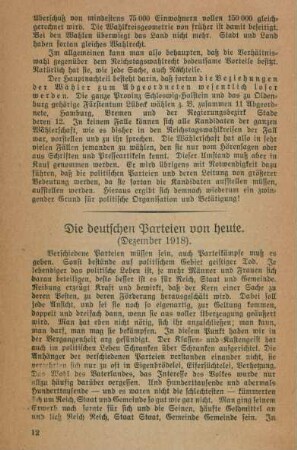 Die deutschen Parteien von heute. (Dezember 1918).