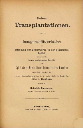 Ueber Transplantationen : Inaug.-Diss.