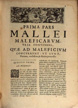 Malleus Maleficarum, Maleficas Et Earum haeresim frameâ conterens : Ex Variis Auctoribus Compilatus, & in quatuor Tomos iustè distributus, Quorum Duo Priores Vanas Daemonum versutias, praestigiosas Strigimagarum caeremonias, horrendos etiam cum illis congressus ; exactam denique tam pestiferae sectae disquisitionem, & punitionem complectuntur. Tertius praxim Exorcistarum ad Daemonum, & Strigimagarum maleficia de Christi fidelibus pellanda ; Quartus verò Artem Doctrinalem, Benedictionalem, & Exorcismalem continent, 1