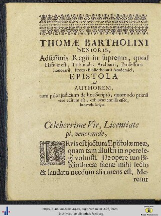 Th. Bartholinus: Epistola ad authorem.