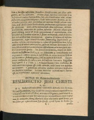 Actus III. status exaltationis Resurrectio Jesu Christi.