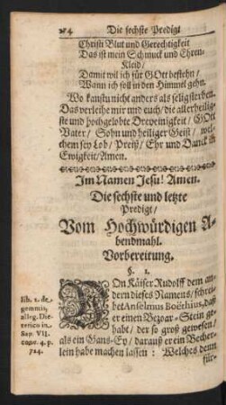 Die sechste und letzte Predigt/ Vom Hochwürdigen Abendmahl.