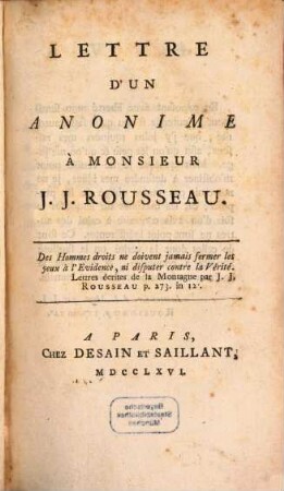 Lettre d'un anonime à ... Rousseau