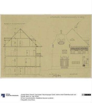 Darmstadt, Häusergruppe Ganß, Aufriss einer Seitenfassade und Schnitt