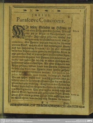 Leichenpredigt : Christliche Leichpredigt. Parasceve Concionis. Textus. Exordium. Tractatio Loci. Applicatio