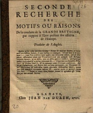Seconde Recherche des motifs ou raisons de la conduite de la Grande Bretagne ...