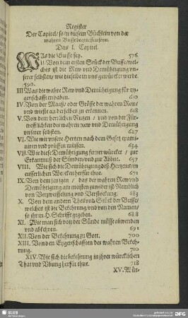 Register Der Capitel, so in diesem Büchlein von der wahren Busse begrieffen seyn