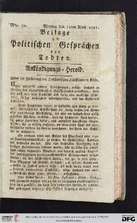 Beilage zu Politischen Gesprächen der Todten. Ankündigungs-Herold. Nro. 30
