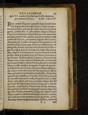 Los muchos Espanoles que Indios mataron por socorrer el Cuzco. Cap. CXXXV