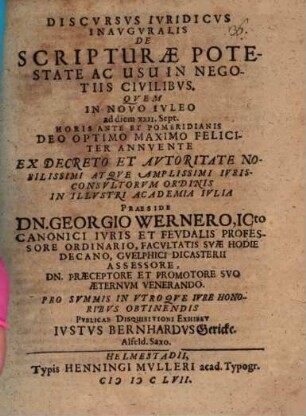 Discursus iur. inaug. de scripturae potestate ac usu in negotiis civilibus