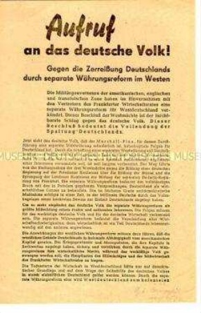 Propagandaflugblatt des SED-Parteivorstandes gegen die seperate Währungsreform in den westlichen Besatzungszonen und zum Kampf für die Einheit Deutschlands