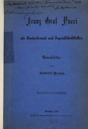 Franz Graf Pocci als Kinderfreund und Jugendschriftsteller : Gedenkblätter