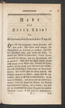 Rede des Herrn Thiel bey Gründung des Tempels der Tugend