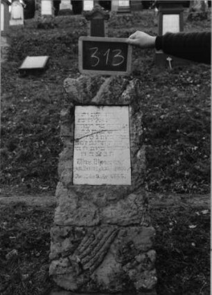 Grabstein 313 (Index: 100090408) Material: Kalkstein, weiße Marmorplatte Zustand: Platte gesprungen Maße HxBxT: 125x37x25 cm Beschreibung: Stele, rustica, gerader Abschluß, Schriftplatte Besonderheit: Zitat Hiob 1, 8 und 2, 3: Grabstein 313