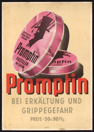 Reklameschild : Werbeaufsteller für Promptin-Pastillen (bei Erkältungen und Grippegefahr) der Firma W. Groth Hamburg