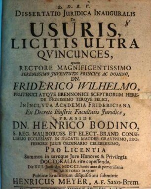 Dissertatio Juridica Inauguralis De Usuris, Licitis Ultra Qvincunces