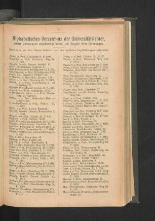 Alphabetisches Verzeichnis der Universitätslehrer, welche Vorlesungen angekündigt haben, mit Angabe ihrer Wohnungen.