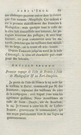 Article second. Premier voyage de l'isle de France á l'isle de Madagascar & au Fort-Dauphin