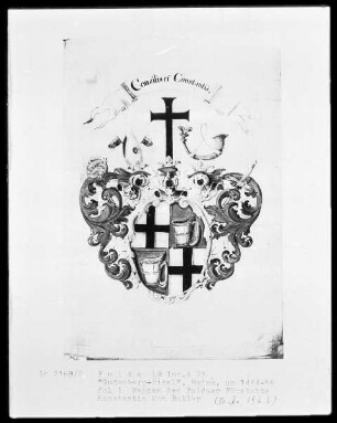 Eines der zwölf erhaltenen Pergamentexemplare der 42-zeiligen Bibel Gutenbergs — Band 1 der Gutenberg-Bibel — Wappen des Fuldaer Fürstabtes Konstantin von Buttlar, Folio Irecto