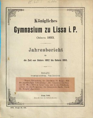 Jahresbericht : für die Zeit von Ostern ... bis Ostern .... 1892/93
