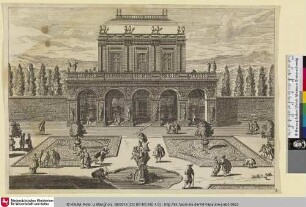 [Jardin avec au fond une orangerie ornée d'arcades]