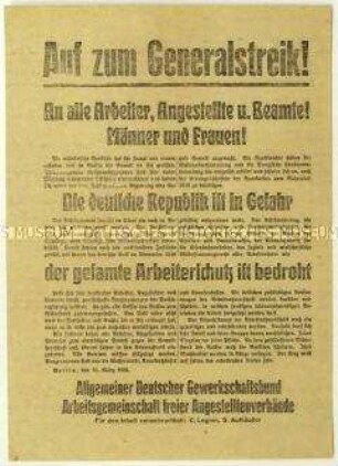 Aufruf der Gewerkschaftsverbände zum Generalstreik gegen den Lüttwitz-Kapp-Putsch