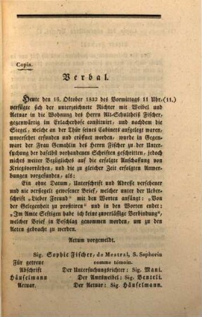 Untersuchungsakten über die in der Republik Bern im Jahr 1832 stattgefundenen Reaktionsversuche, 2. Untersuchungsacten gegen Herrn Alt-Schultheiß Fischer von Bern insbesonders