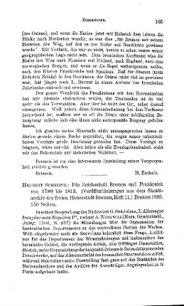 Schnepel, Herbert :: Die Reichsstadt Bremen und Frankreich von 1789 bis 1813, (Veröffentlichungen aus dem Staatsarchiv der Freien Hansestadt Bremen, 11) : Bremen, 1935
