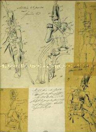 Uniformdarstellung, Skizzen mit Farbangaben von Uniformen der Reitenden Artillerie der Königlichen Garde, Spanien, 1830.