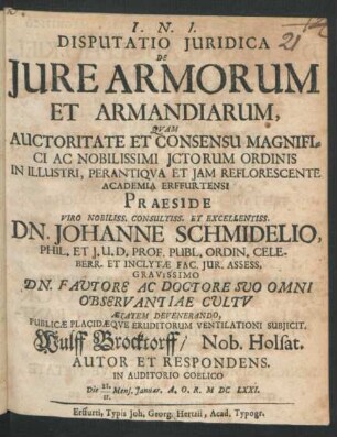 Disputatio Iuridica De Iure Armorum Et Armandiarum