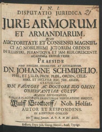 Disputatio Iuridica De Iure Armorum Et Armandiarum