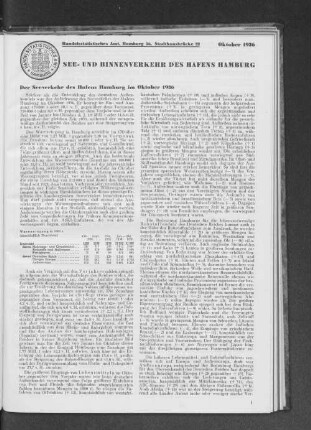 Der Seeverkehr des Hafens Hamburg im Oktober 1936