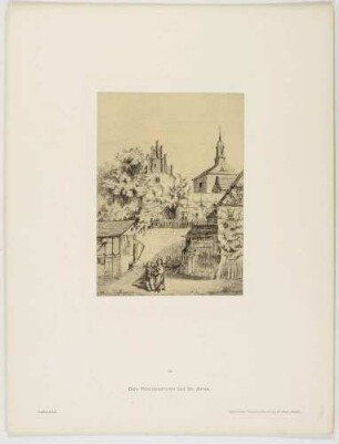 Der spätgotische Backsteinpfeilergiebel des Pönitenzturmes an der Stadtmauer und die Kirche St. Afra in der Altstadt von Meißen von Westen, Blatt 10 aus der Mappe "Meißen" nach Federzeichnungen von Bernhard Mannfeld