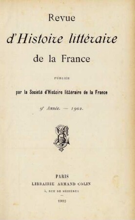 9e année (1902): Revue d'histoire littéraire de la France