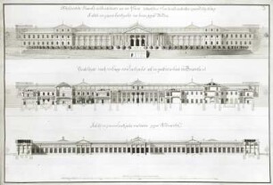 Plinius' Landhaus : Krubsacius, Friedrich August. Plinius' Landhaus. Schnitt a, b. Aufrisse der Süd- und Nordfassade. Braune Tusche, aquarelliert; 482 x 685 mm. Dresden, 1773. Dresden: SLUB Archaeol. 177, fol. 3